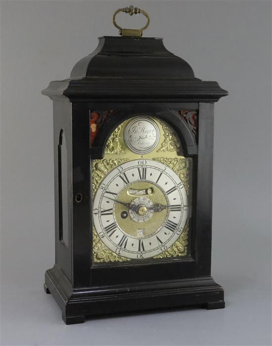 John Rowe, London (1714-1727). A George I ebonised pearwood hour repeating bracket clock, height 16in.